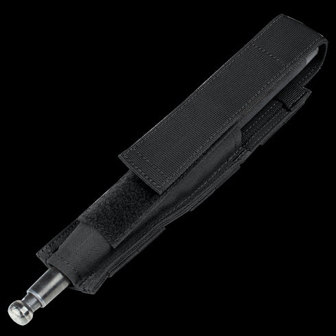 The Condor Baton Pouch in black is a nylon holster with Velcro flap, MOLLE compatible for law enforcement use, and fits a small metal flashlight or tool; shown on a white background.